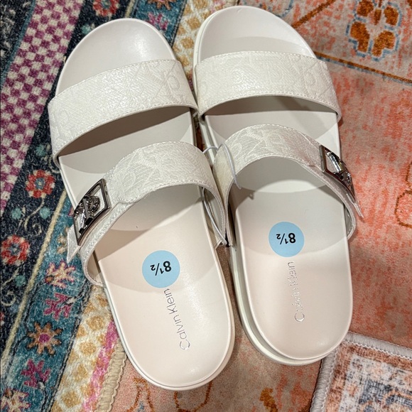 NWT!! Calvin Klein Women's White Dual-Strap Slide Sandals - Picture 3 of 5